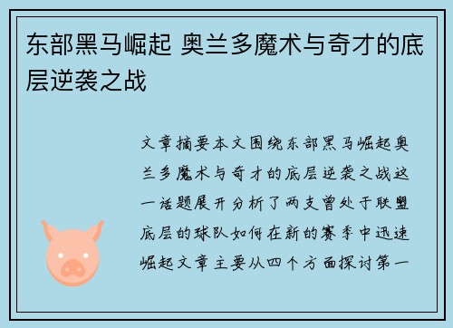 东部黑马崛起 奥兰多魔术与奇才的底层逆袭之战