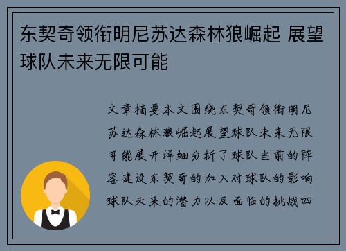 东契奇领衔明尼苏达森林狼崛起 展望球队未来无限可能